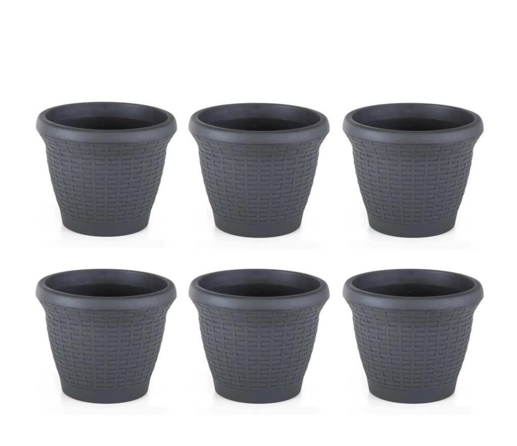 Omnipazar SO-HS06 Plastik Hasır Desenli Saksı 42 lt Antrasit 6 Adet