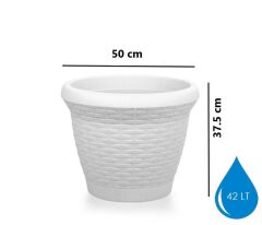 Omnipazar SO-HS06 Plastik Hasır Desenli Saksı 42 lt Kirli Beyaz 6 Adet