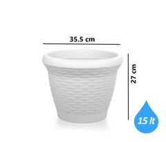 Omnipazar SO-HS04 Plastik Hasır Desenli Dekoratif Saksı 15 Litre No 4 Kirli Beyaz (113)