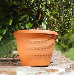 Omnipazar SO-HS05 Plastik Hasır Desenli Dekoratif Saksı 25 Litre No 5 Kiremit (108)