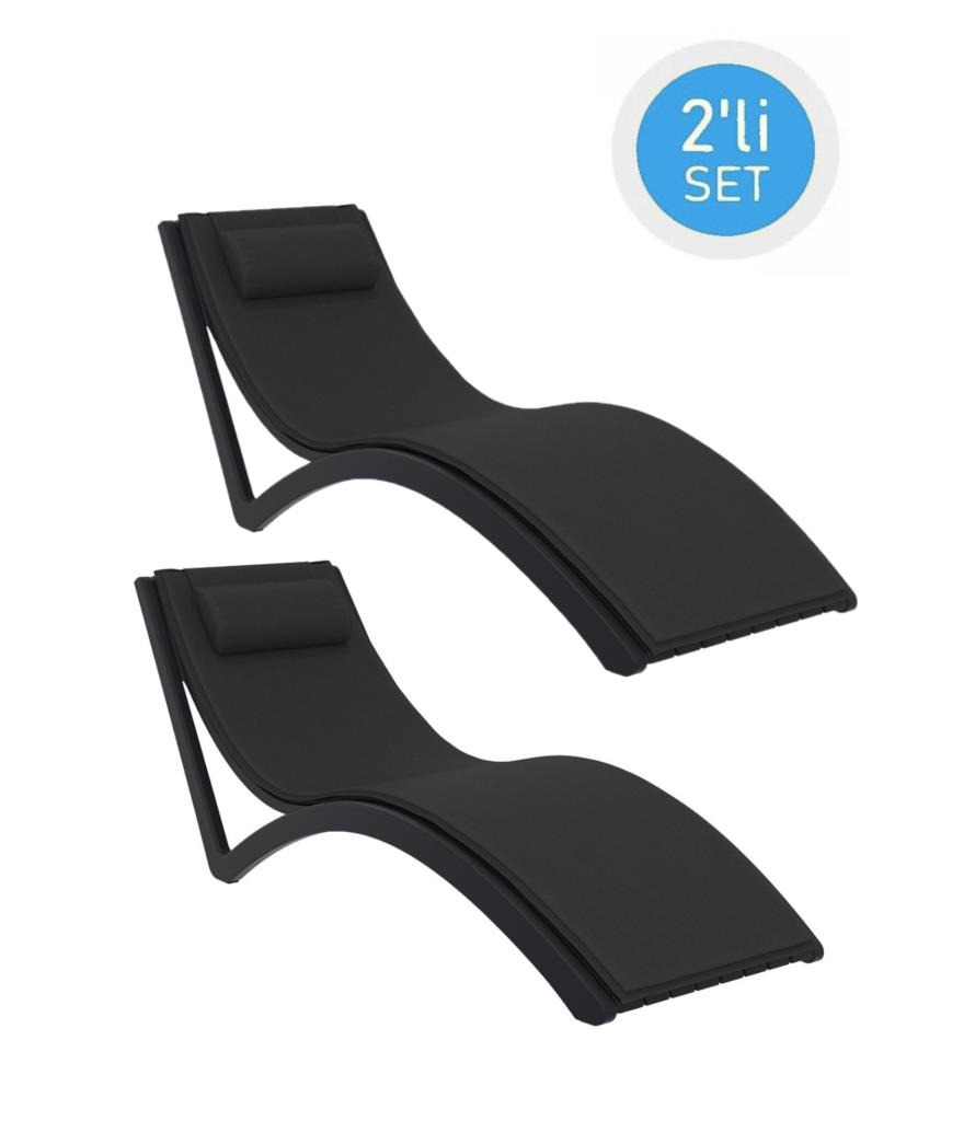 Omnipazar TRK-087 Siesta Minderli Yastıklı Lüks Ergonomik Slim Şezlong Siyah 2'li Set