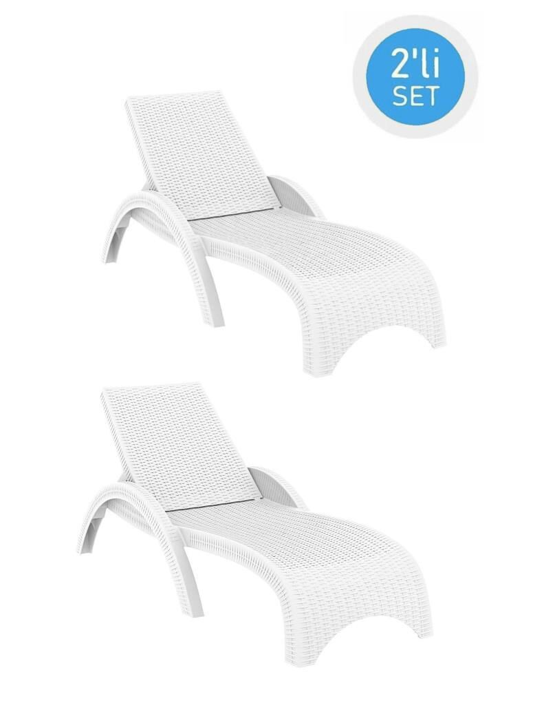Omnipazar TRK-860 Siesta Fiji Rattan Desenli Ayarlanabilir Lüks Şezlong Beyaz 2'li Set