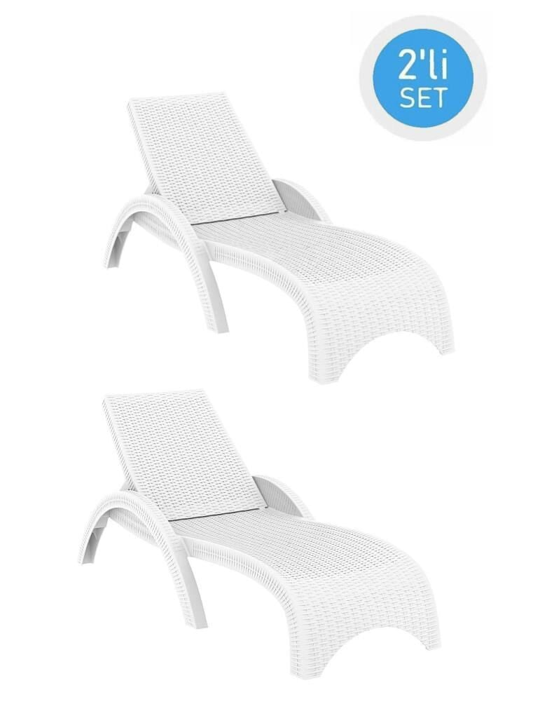 Omnipazar TRK-860 Siesta Fiji Rattan Desenli Ayarlanabilir Lüks Şezlong Beyaz 2'li Set