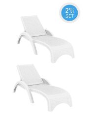Omnipazar TRK-860 Siesta Fiji Rattan Desenli Ayarlanabilir Lüks Şezlong Beyaz 2'li Set