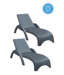 Omnipazar TRK-860 Siesta Fiji Rattan Desenli Ayarlanabilir Lüks Şezlong Koyu Gri 2'li Set