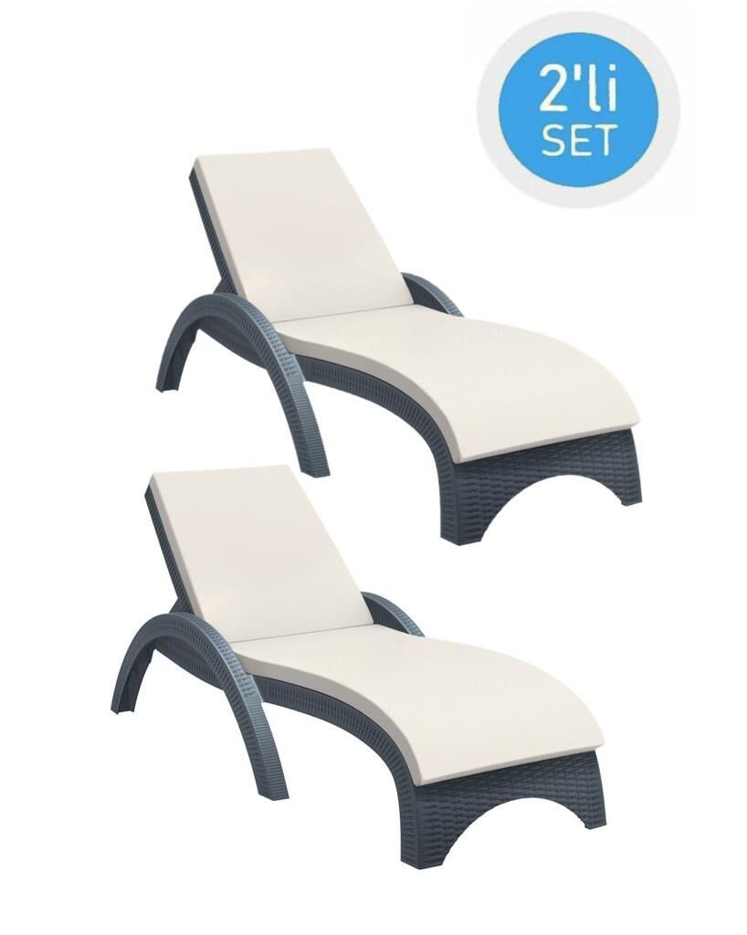 Omnipazar TRK-860 Siesta Fiji Bej Minderli Rattan Desenli Ayarlanabilir Lüks Şezlong Koyu Gri 2'li Set