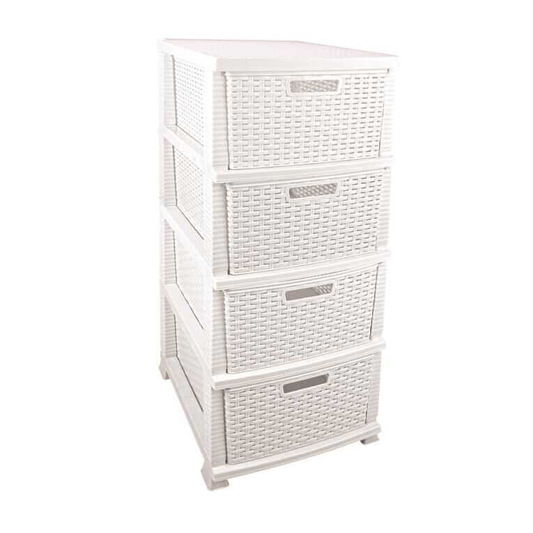 Omnipazar SRL-4002 Rattan Hasır Desen Plastik Komidin Mutfak Sebzelik 4 Katlı Beyaz