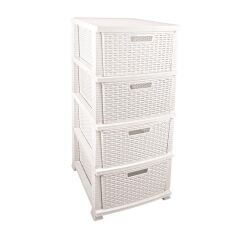 Omnipazar SRL-4002 Rattan Hasır Desen Plastik Komidin Mutfak Sebzelik 4 Katlı Beyaz