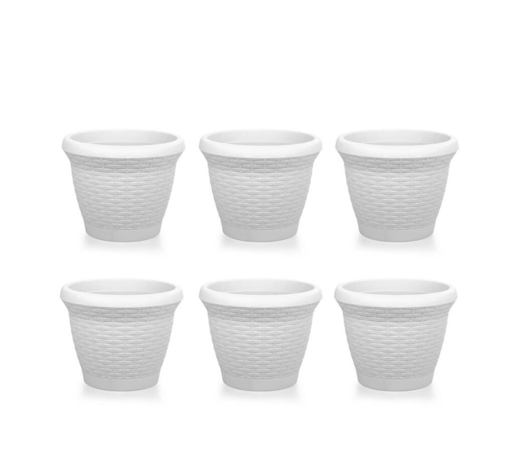Omnipazar SO-HS04 Plastik Hasır Desenli Saksı 15 lt Kirli Beyaz 6 Adet