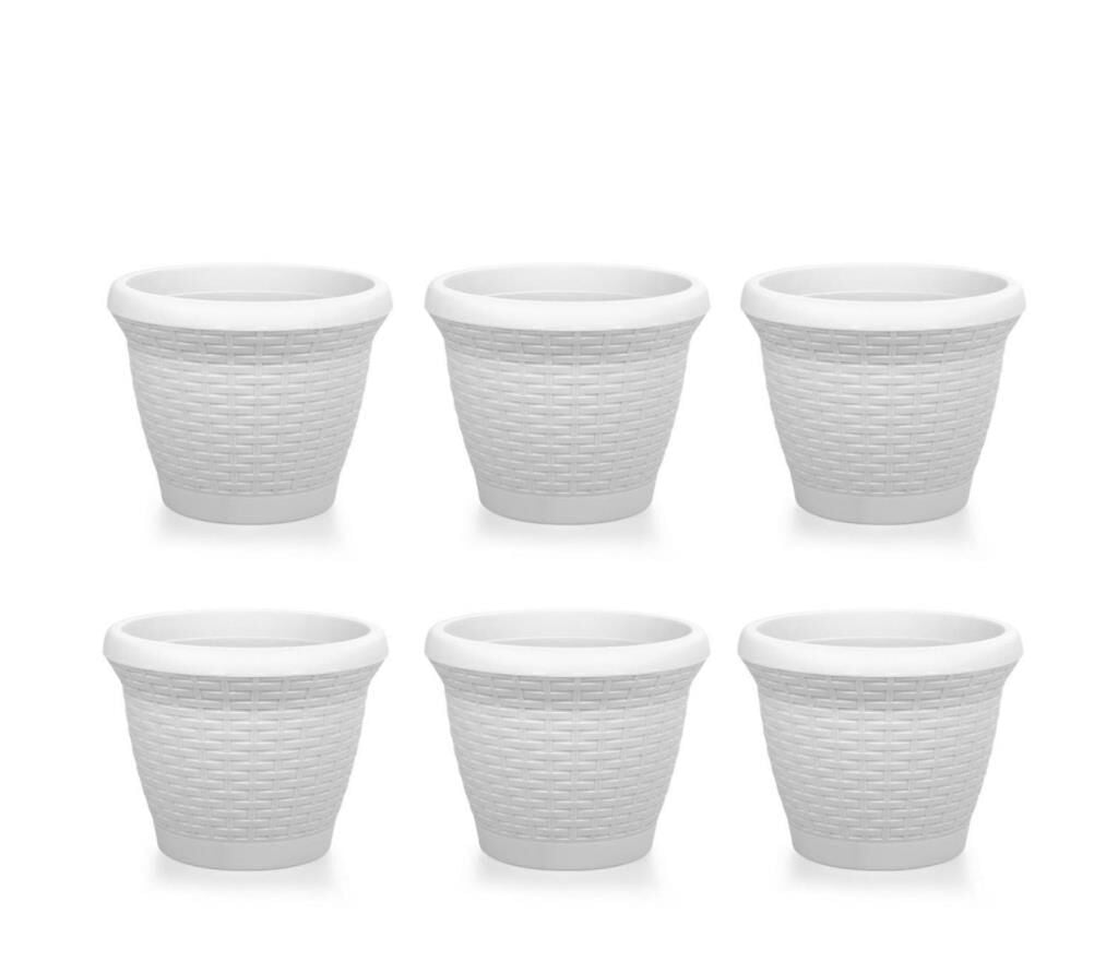 Omnipazar SO-HS05 Plastik Hasır Desenli Saksı 25 lt Kirli Beyaz 6 Adet