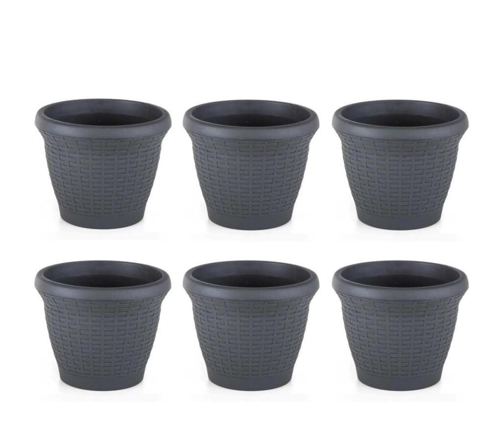 Omnipazar SO-HS06 Plastik Hasır Desenli Saksı 42 lt Antrasit 6 Adet