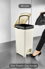 Omnipazar SRL-3030 Slim Pedallı Plastik Çöp Kovası İç Kovalı 40 litre Bej