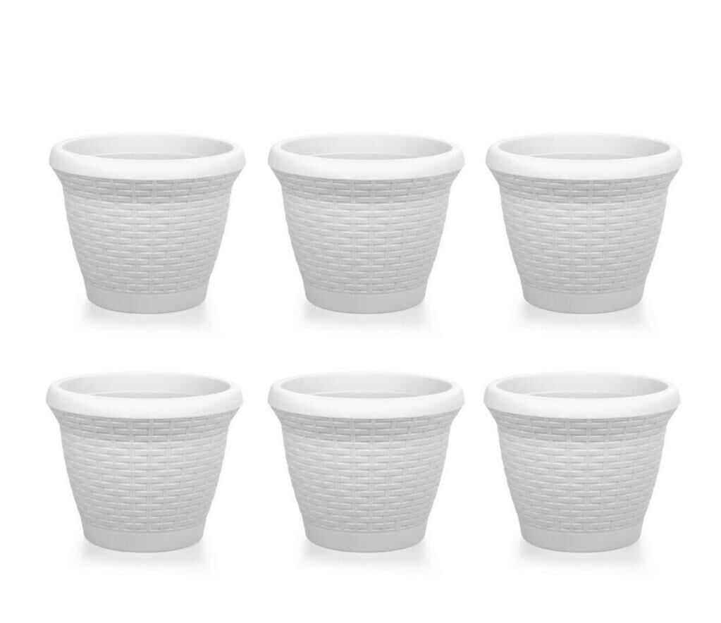 Omnipazar SO-HS06 Plastik Hasır Desenli Saksı 42 lt Kirli Beyaz 6 Adet