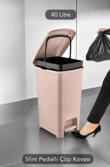 Omnipazar SRL-3030 Slim Pedallı Plastik Çöp Kovası İç Kovalı 40 litre Pembe