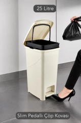 Omnipazar SRL-3029 Slim Pedallı Plastik Çöp Kovası İç Kovalı 25 litre Bej