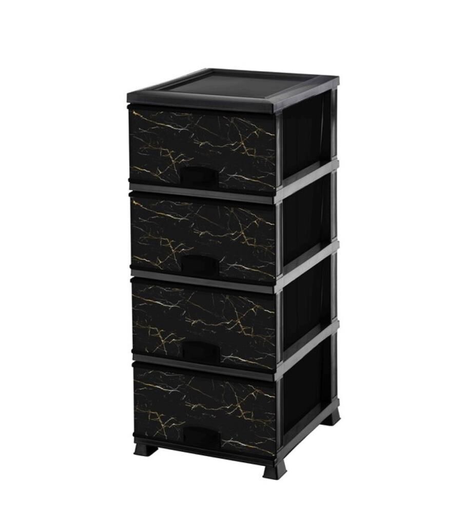 Omnipazar ELF-N298 Siyah Mermer Desenli Plastik Mutfak Komidin Sebzelik 4 Katlı