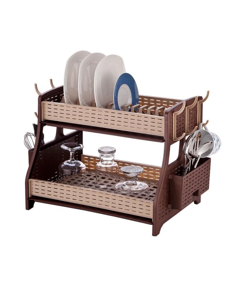 Omnipazar SY-5520 Plastik Hasır Çift Katlı Bulaşık Kurutmalık Tabaklık Kahverengi