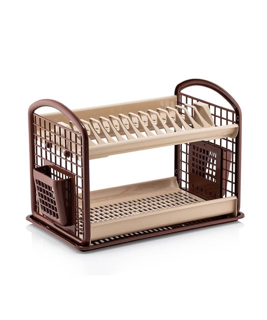 Omnipazar SY-4516 Plastik Yeni Çift Katlı Bulaşık Kurutmalık Tabaklık Kahverengi