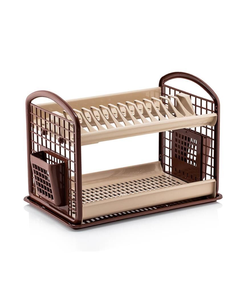 Omnipazar SY-4516 Plastik Yeni Çift Katlı Bulaşık Kurutmalık Tabaklık Kahverengi