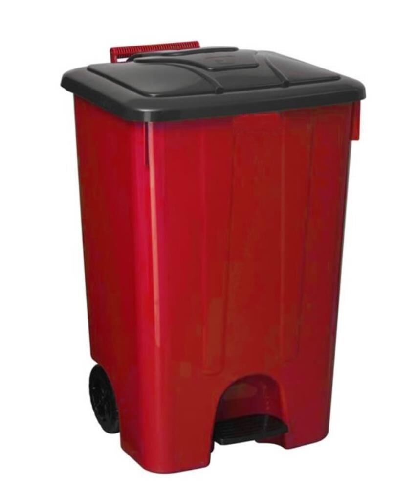 Omnipazar SY-4265 Kırmızı 85 lt Köşeli Pedallı Tekerlekli Çöp Kovası