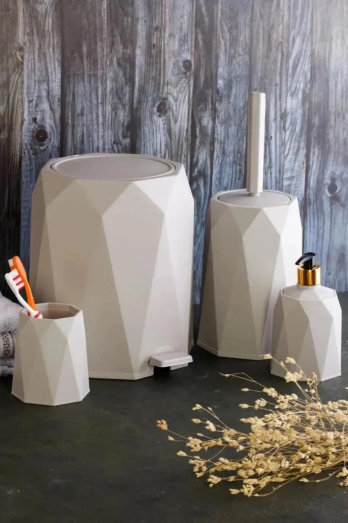 Omnipazar ELF-479 Geo 4'lü Çöp Kovalı Wc Fırçalı Banyo Seti Taş Gri