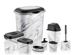 Omnipazar OZR-D053 X128 Beyaz Mermer Desenli 9 Parça Plastik Banyo Seti