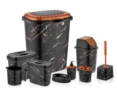 Omnipazar OZR-D053 X129 Siyah Mermer Desenli 9 Parça Plastik Banyo Seti
