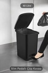 Omnipazar SRL-3030 Slim Pedallı Plastik Çöp Kovası İç Kovalı 40 lt Siyah