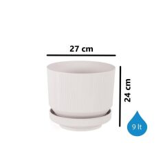 Omnipazar SO-S284 Dekoratif Tabaklı Lüks Çizgi Desenli Saksı 9 Litre Kirli Beyaz (113)
