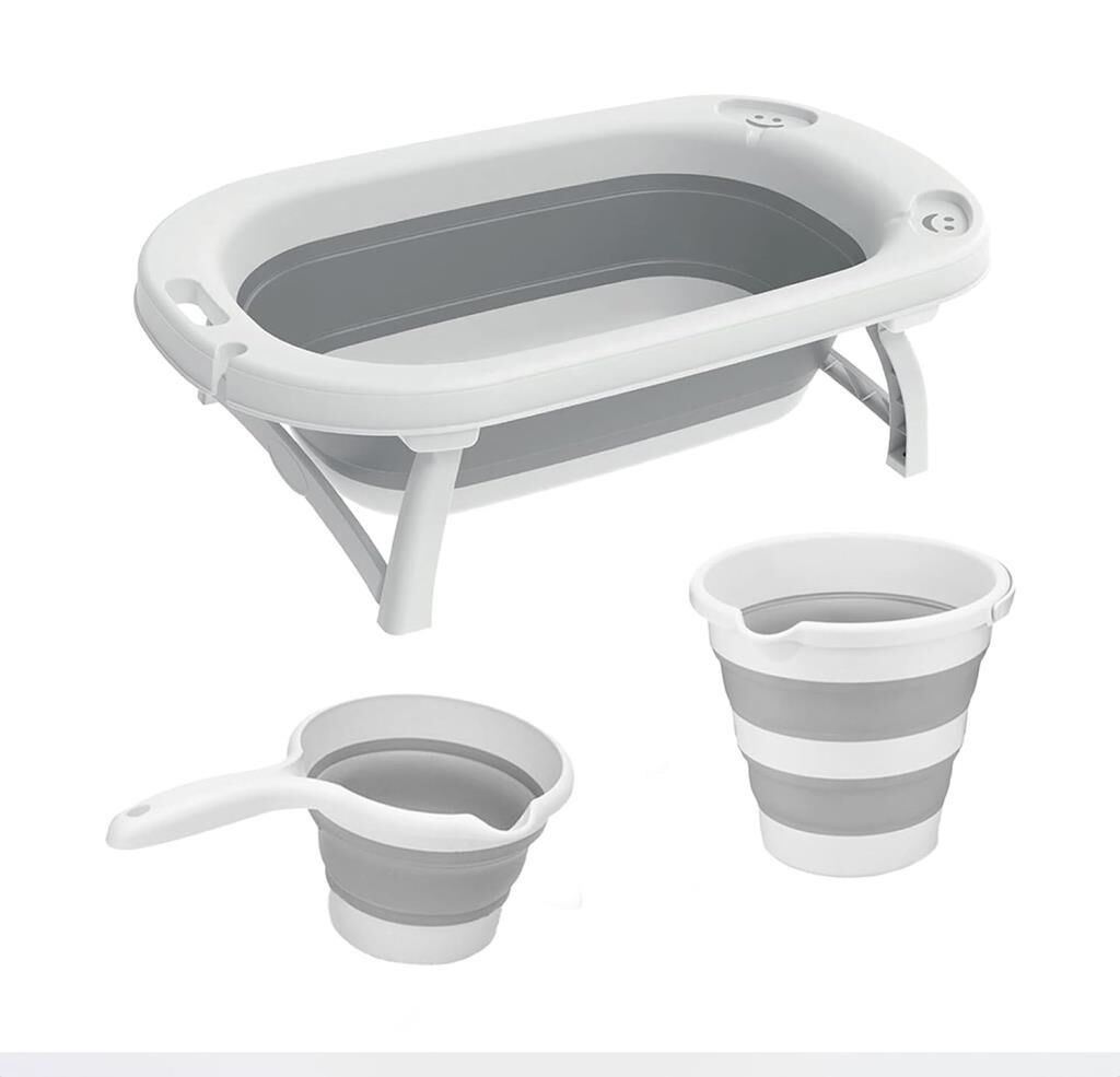 Omnipazar AK-779 Katlanır Bebek Yıkama Banyo Küvet 3'lü Set Beyaz-Gri