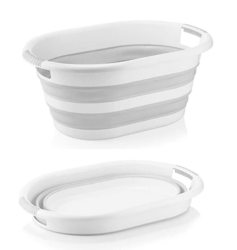 Omnipazar AK-727 Katlanır Sele Çamaşır Sepeti Büyük Boy Beyaz - Gri