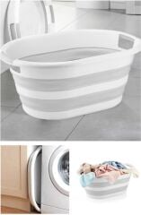 Omnipazar AK-727 Katlanır Sele Çamaşır Sepeti Büyük Boy Beyaz - Gri